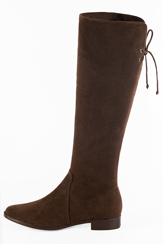 Chocolate brown women's knee-high boots, with laces at the back. Round toe. Flat leather soles. Made to measure. Profile view - Florence KOOIJMAN
